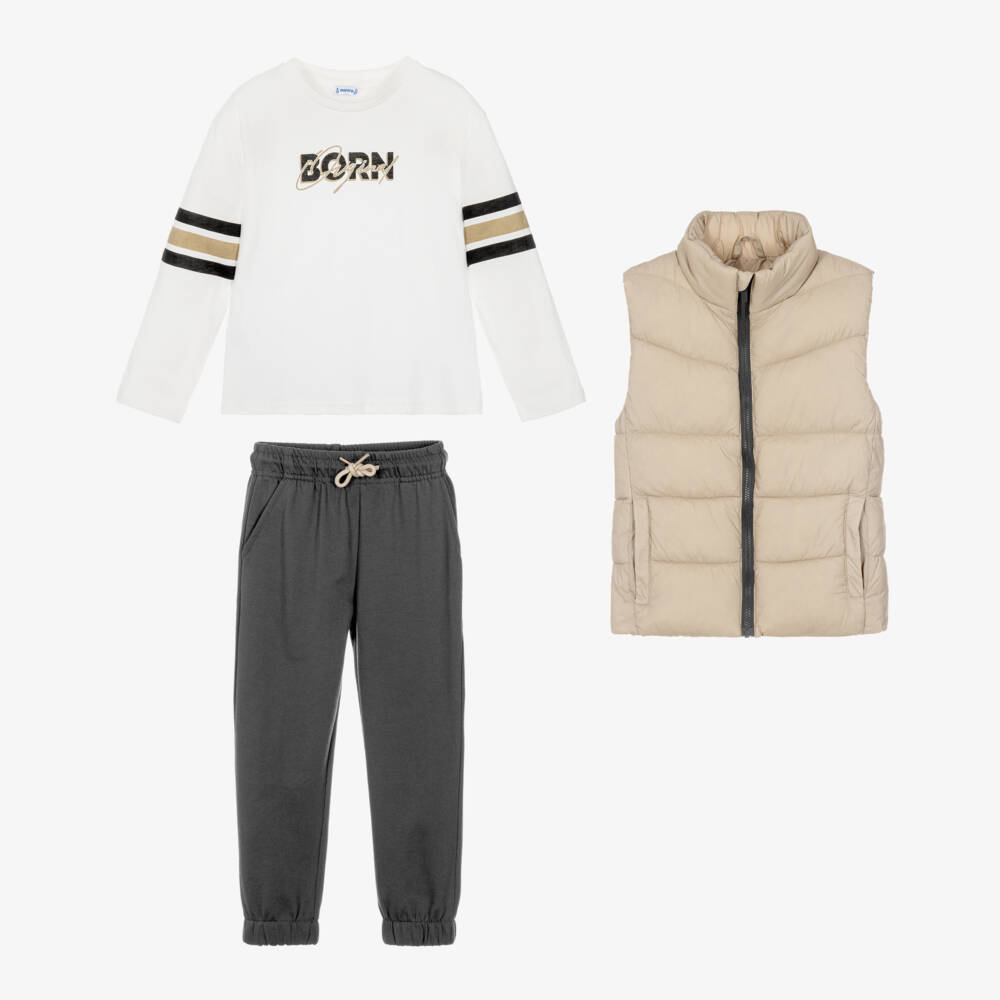 Mayoral-Boys 3 Piece Jogger Set with Beige Gilet | Childrensalon
