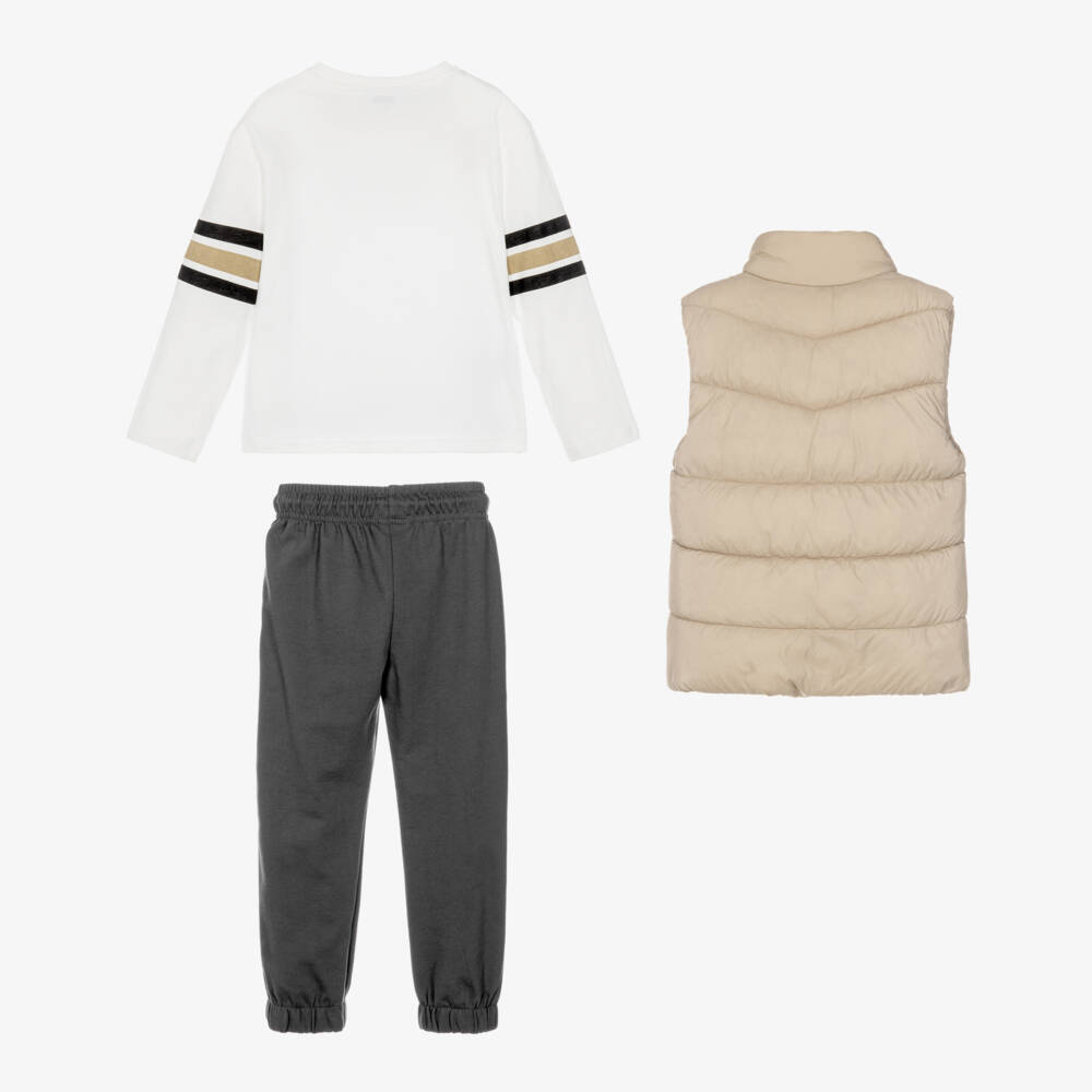 Mayoral-Boys 3 Piece Jogger Set with Beige Gilet | Childrensalon