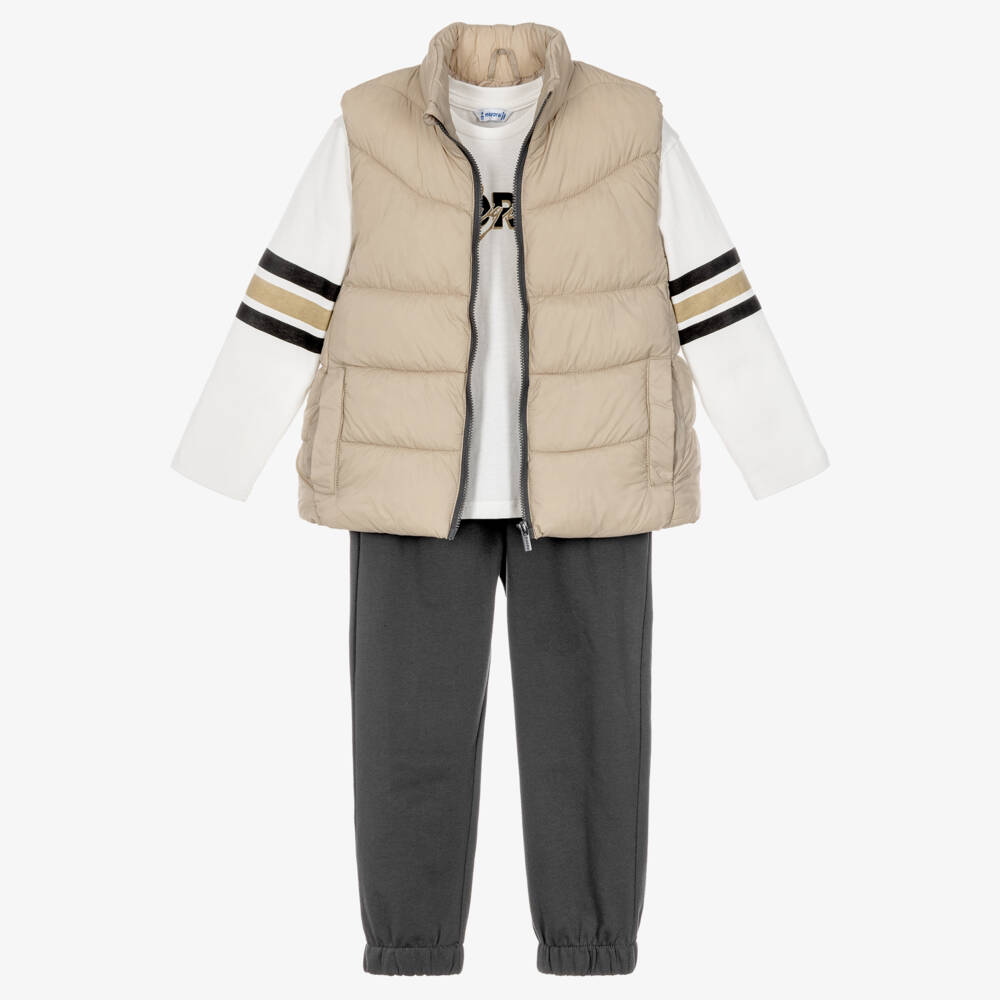 Mayoral-Boys 3 Piece Jogger Set with Beige Gilet | Childrensalon