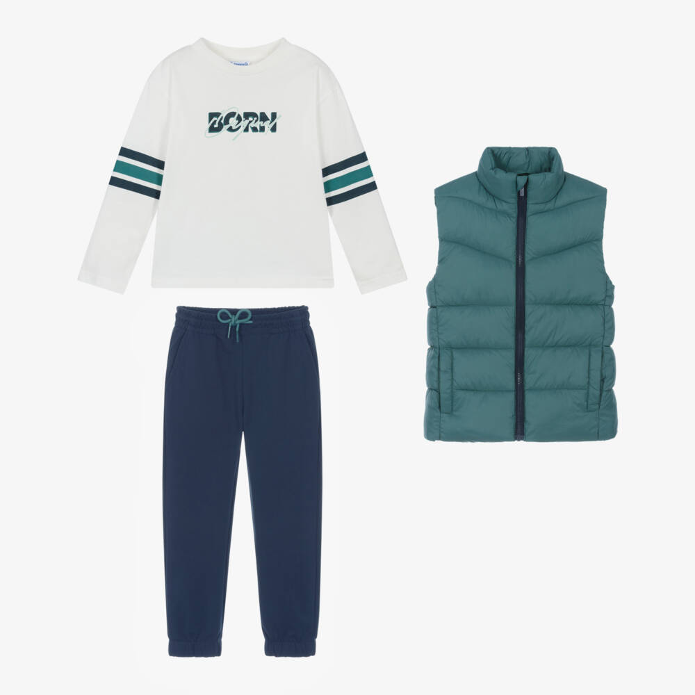Mayoral-Boys 3 Piece Jogger Set with Green Gilet | Childrensalon