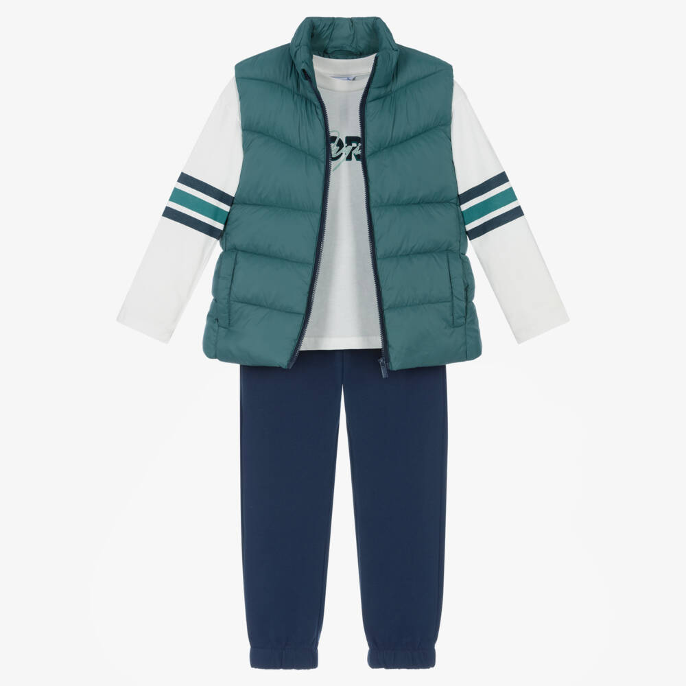 Mayoral-Boys 3 Piece Jogger Set with Green Gilet | Childrensalon