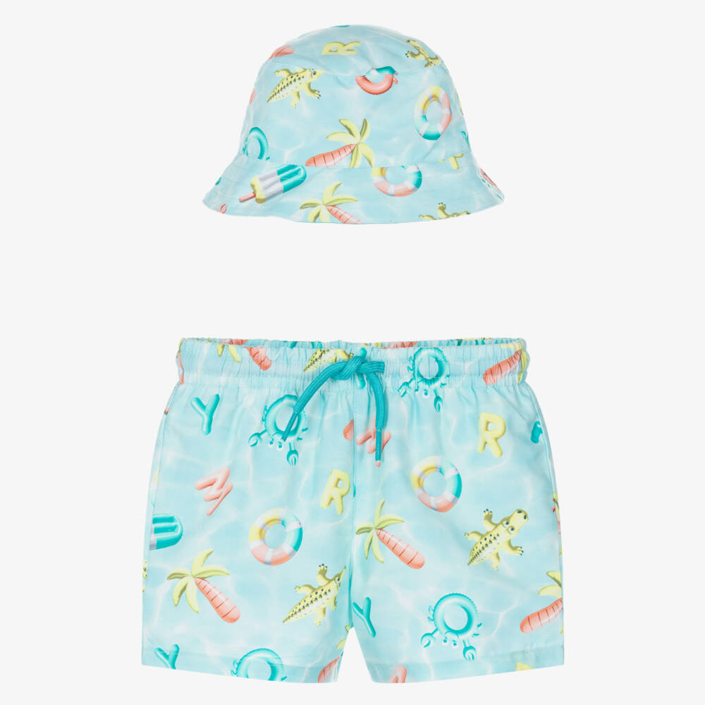 Mayoral-Boys Aqua Blue Beach Toy Swim Shorts & Hat Set (UPF40+) | Childrensalon