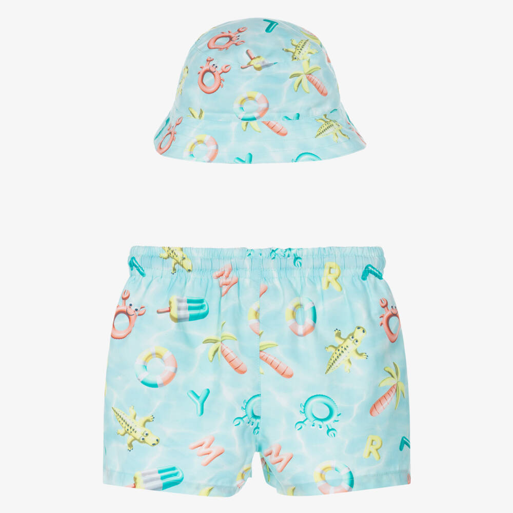 Mayoral-Boys Aqua Blue Beach Toy Swim Shorts & Hat Set (UPF40+) | Childrensalon