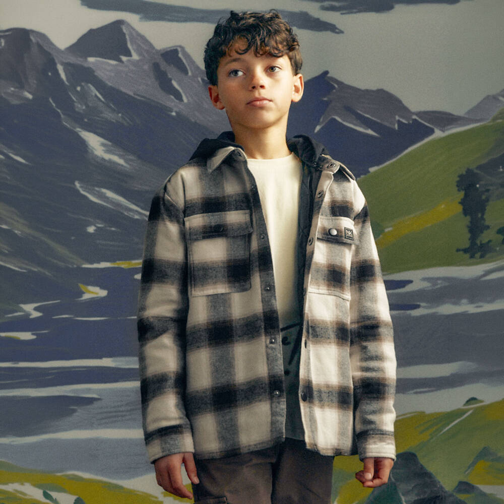 Mayoral Нукутаваке-Boys Beige & Black Check Jacket with Detachable Hood | Childrensalon