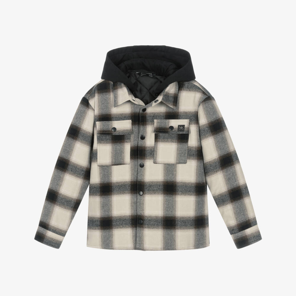 Mayoral Нукутаваке-Boys Beige & Black Check Jacket with Detachable Hood | Childrensalon