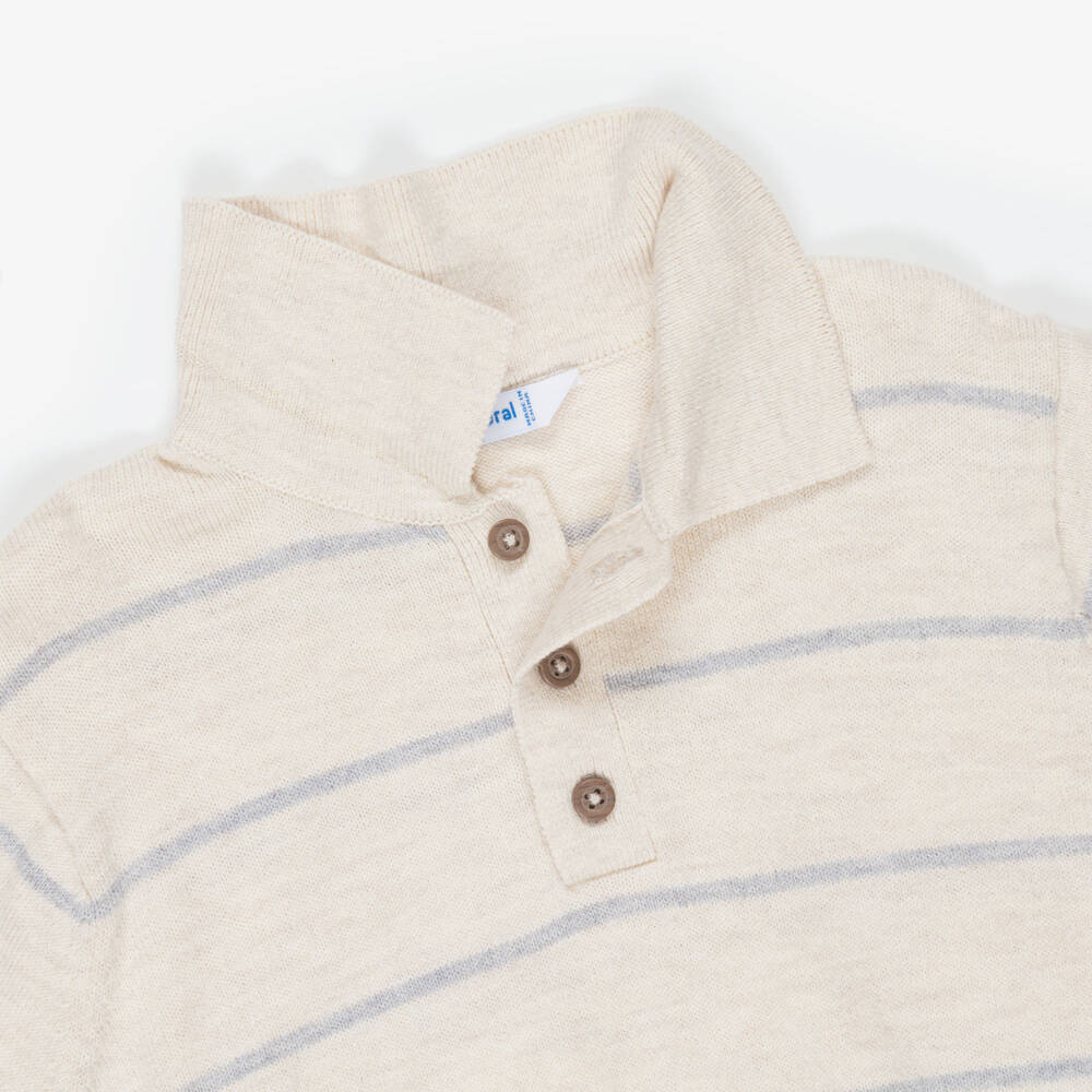 Mayoral-Boys Beige & Blue Striped Polo Sweater | Childrensalon