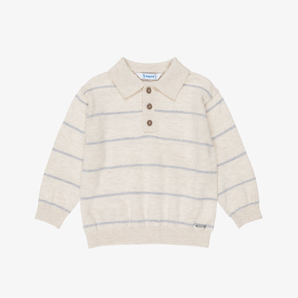 Mayoral-Boys Beige & Blue Striped Polo Sweater | Childrensalon