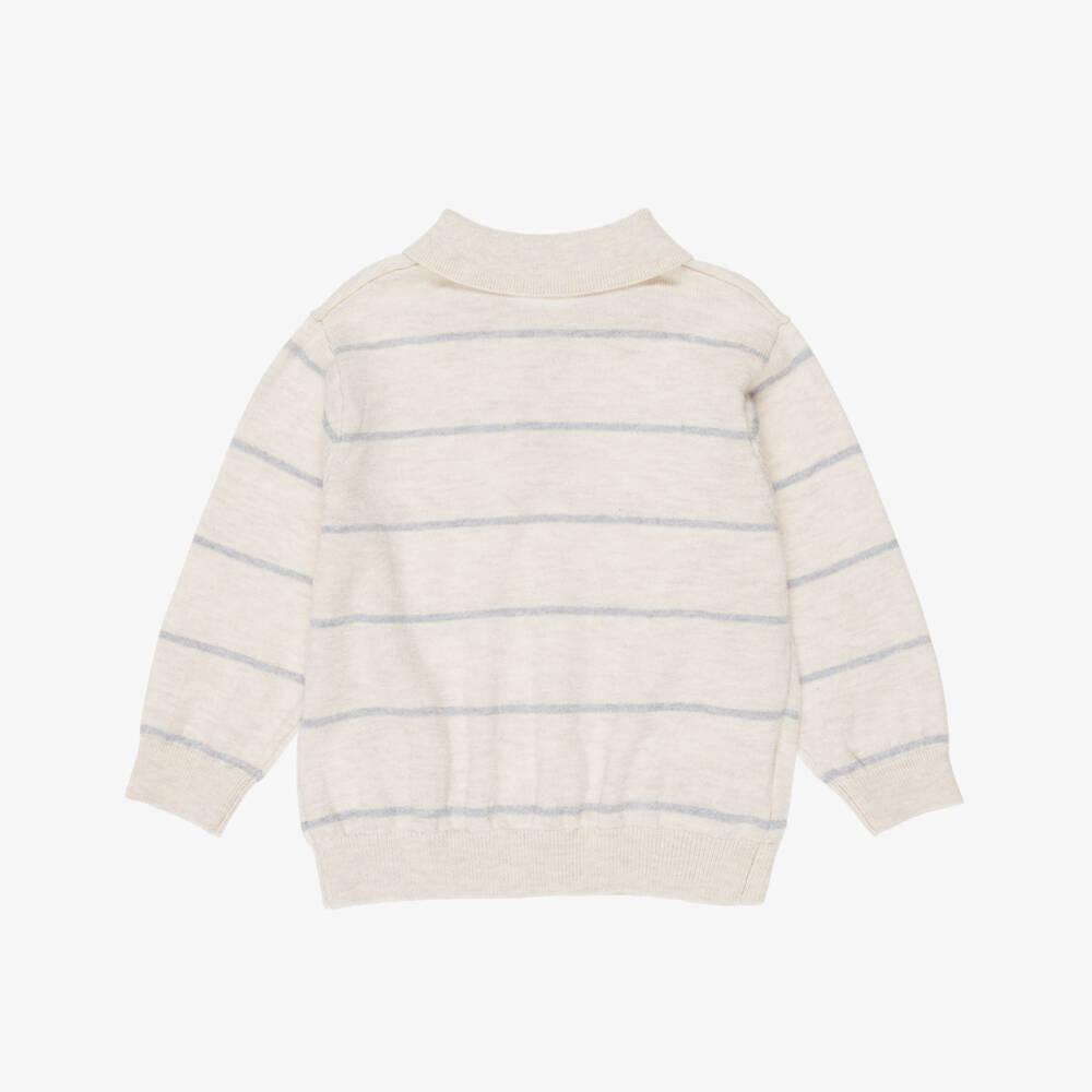 Mayoral-Boys Beige & Blue Striped Polo Sweater | Childrensalon