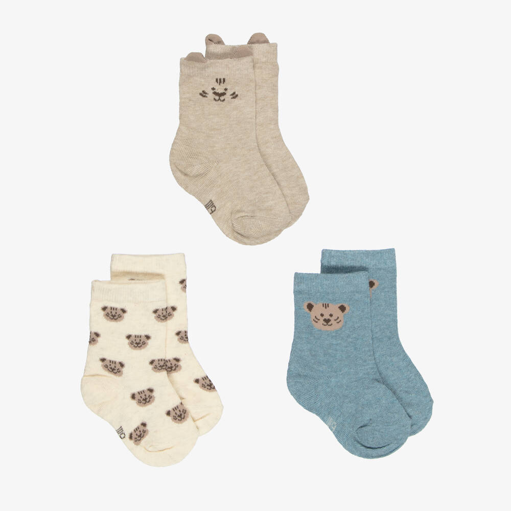 Mayoral-Boys Beige & Blue Tiger Socks (3 Pack) | Childrensalon