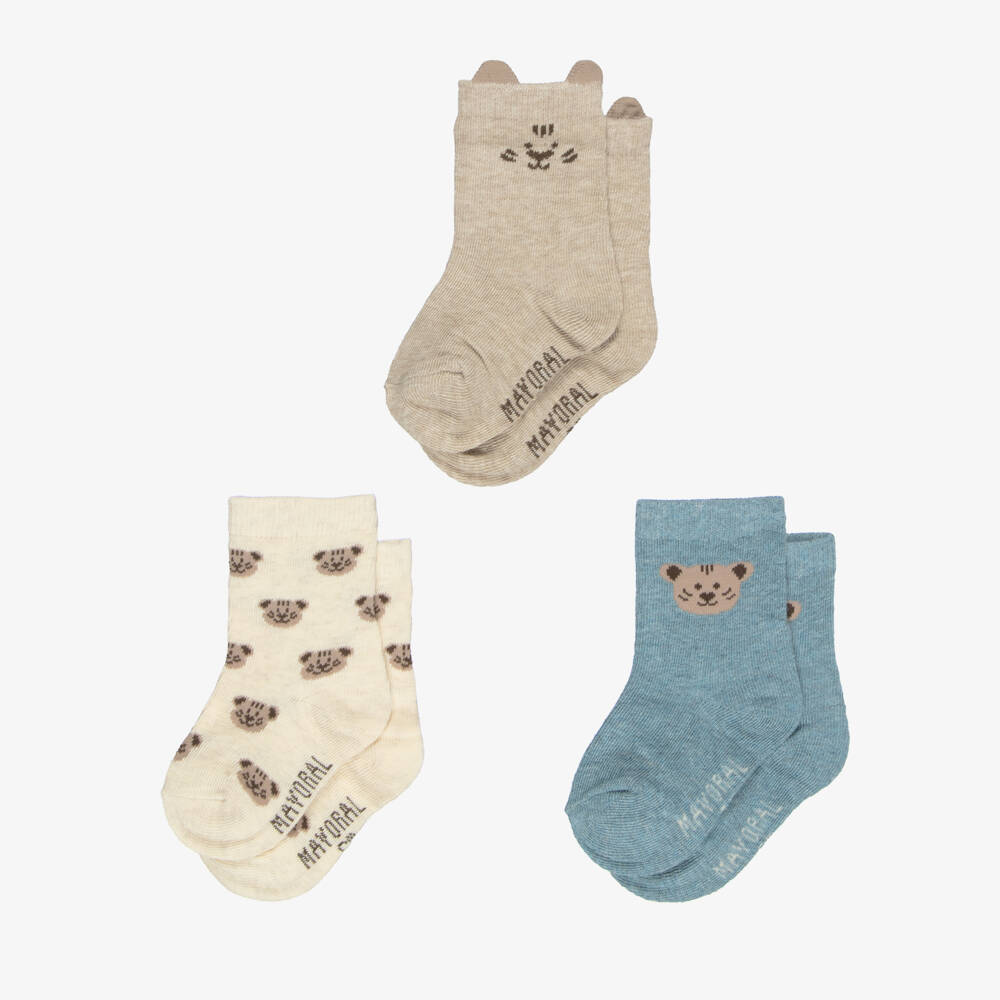 Mayoral-Boys Beige & Blue Tiger Socks (3 Pack) | Childrensalon