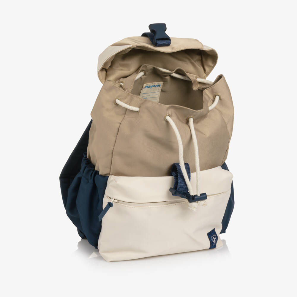 Mayoral-Boys Beige Canvas Backpack with Blue Detailing (33cm) | Childrensalon