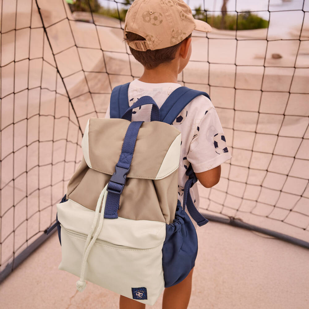 Mayoral-Boys Beige Canvas Backpack with Blue Detailing (33cm) | Childrensalon