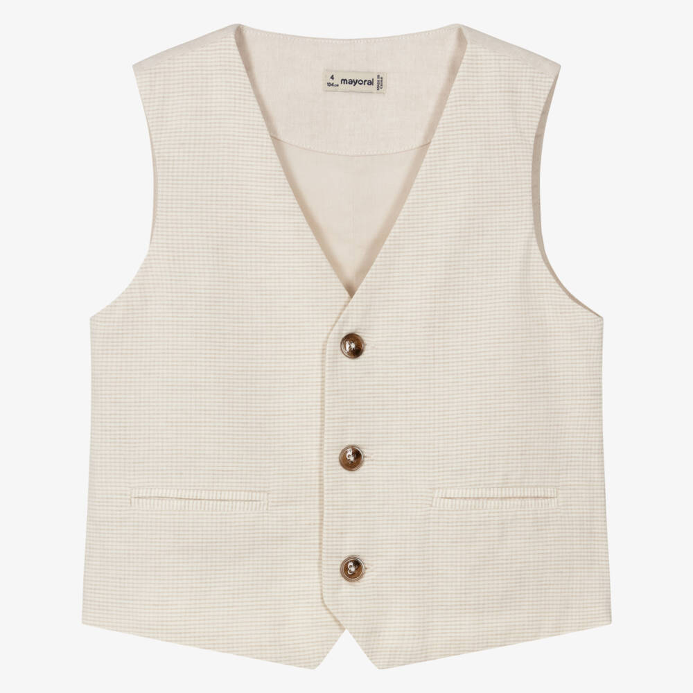 Mayoral-Boys Beige Check Cotton Waistcoat | Childrensalon