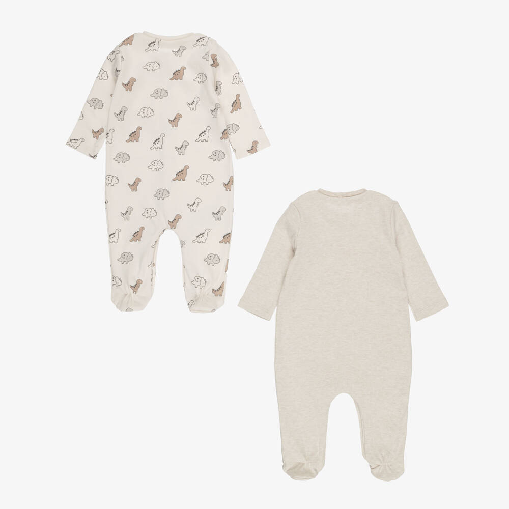 Mayoral Newborn-Boys Beige Cotton Jersey Dinosaur Babygrows (2 Pack) | Childrensalon
