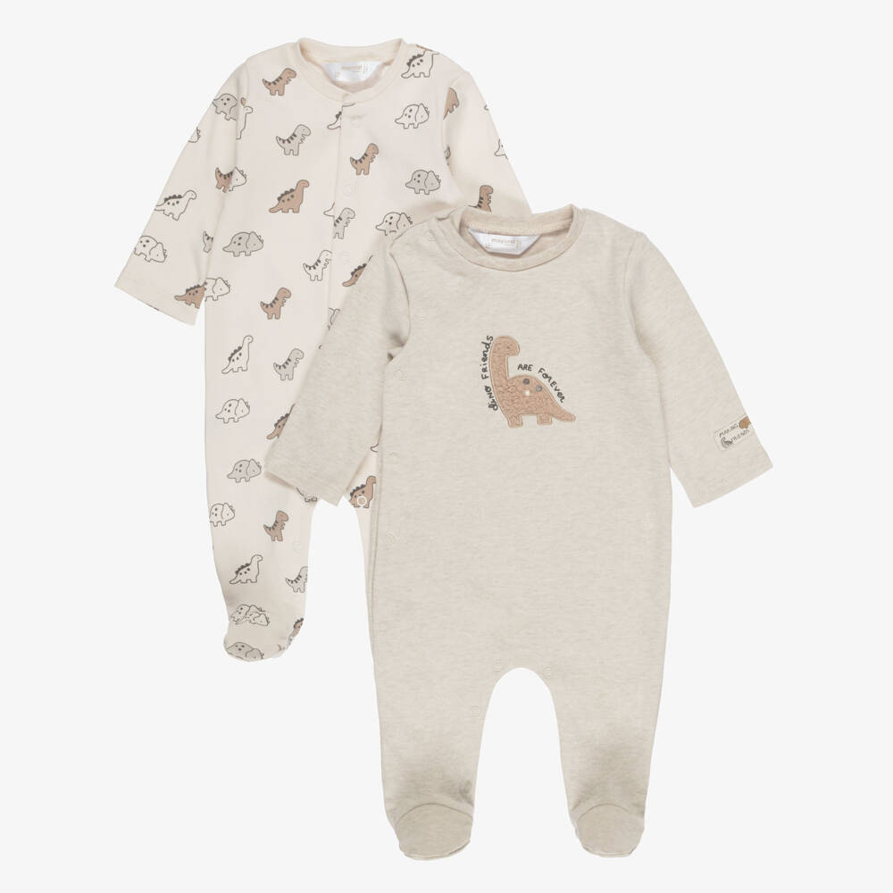 Mayoral Newborn-Boys Beige Cotton Jersey Dinosaur Babygrows (2 Pack) | Childrensalon