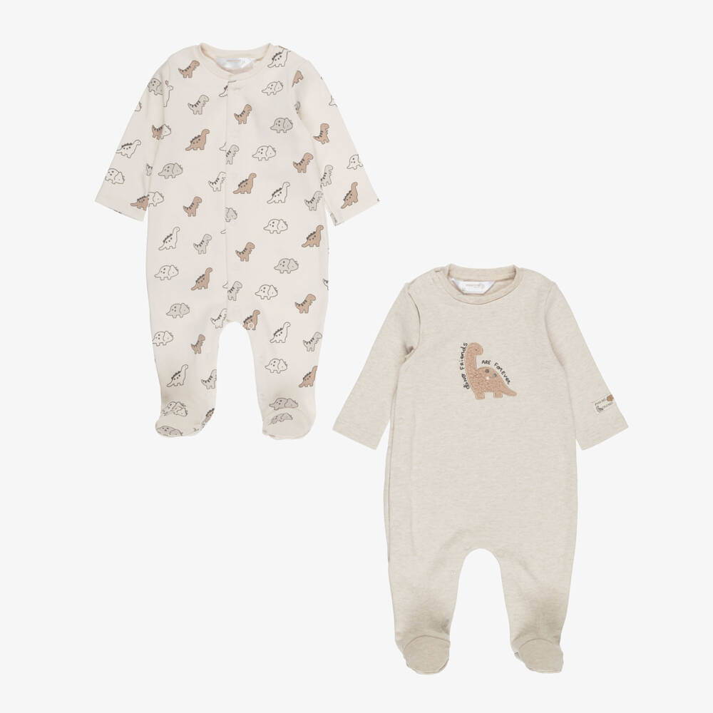 Mayoral Newborn-Boys Beige Cotton Jersey Dinosaur Babygrows (2 Pack) | Childrensalon