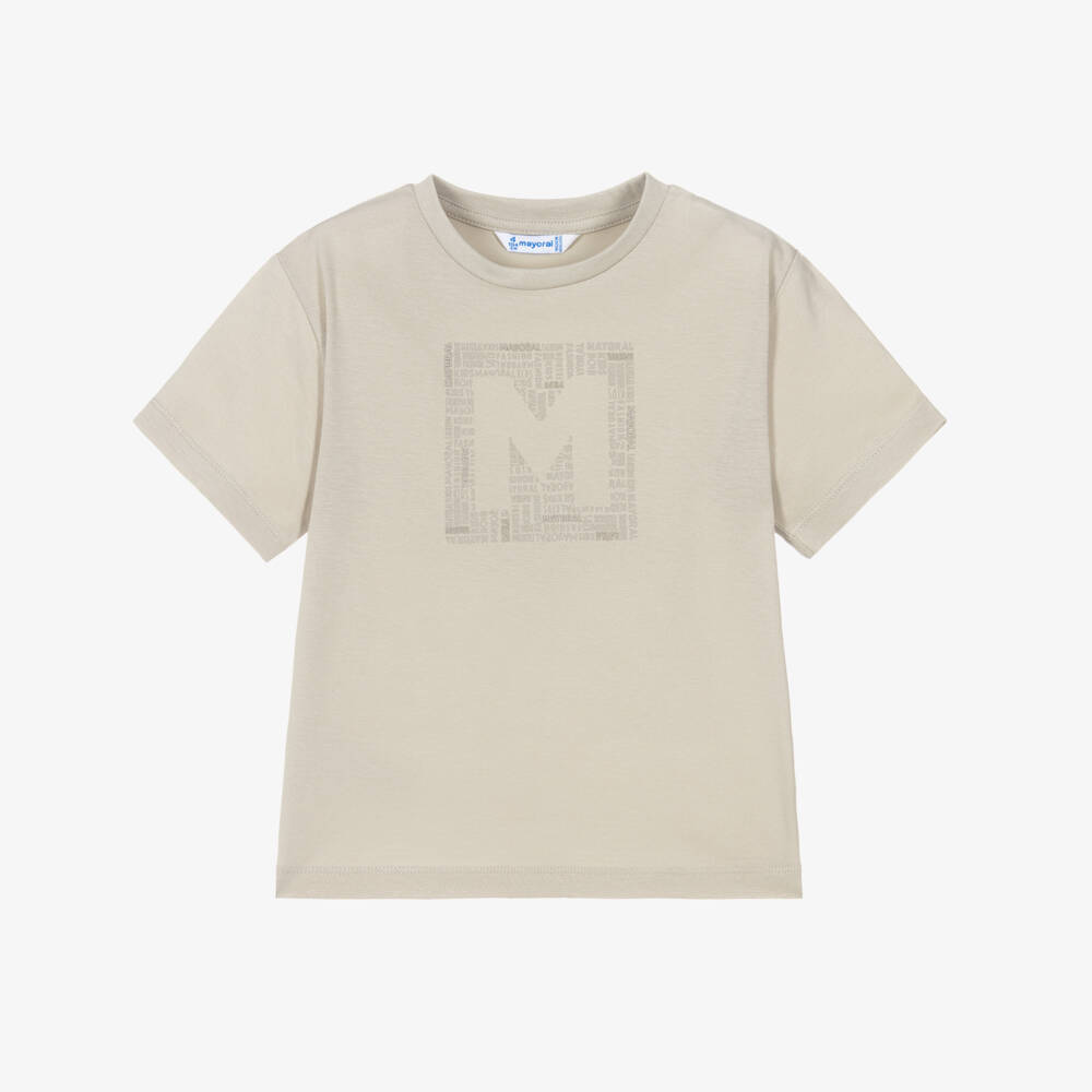 Mayoral-Boys Beige Cotton Jersey T-shirt with Tonal Logo Graphic | Childrensalon