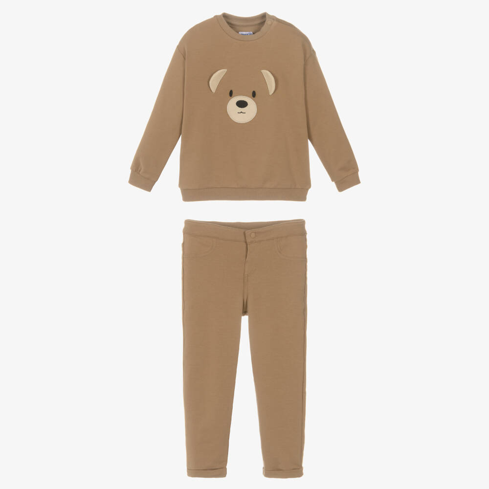 Mayoral-Boys Beige Cotton Jersey Teddy Bear Trouser Set | Childrensalon