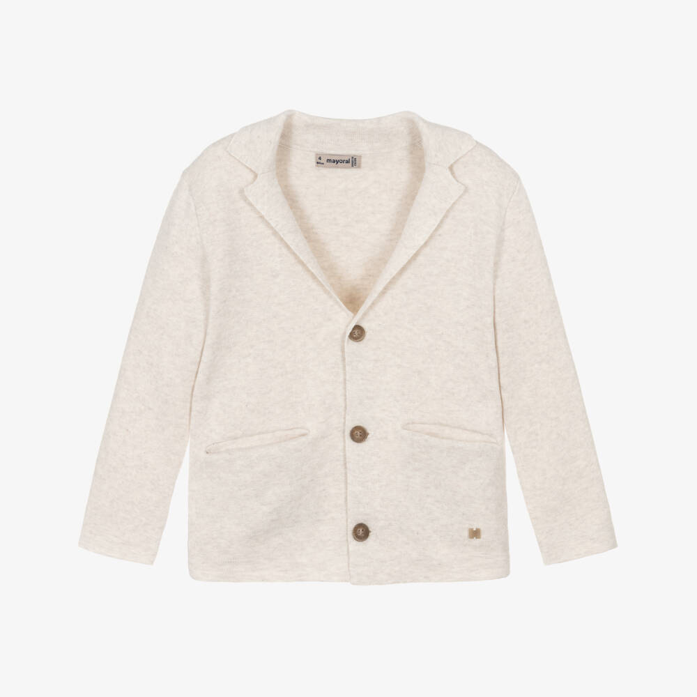 Mayoral-Boys Beige Cotton Knit Cardigan with Notched Lapel | Childrensalon