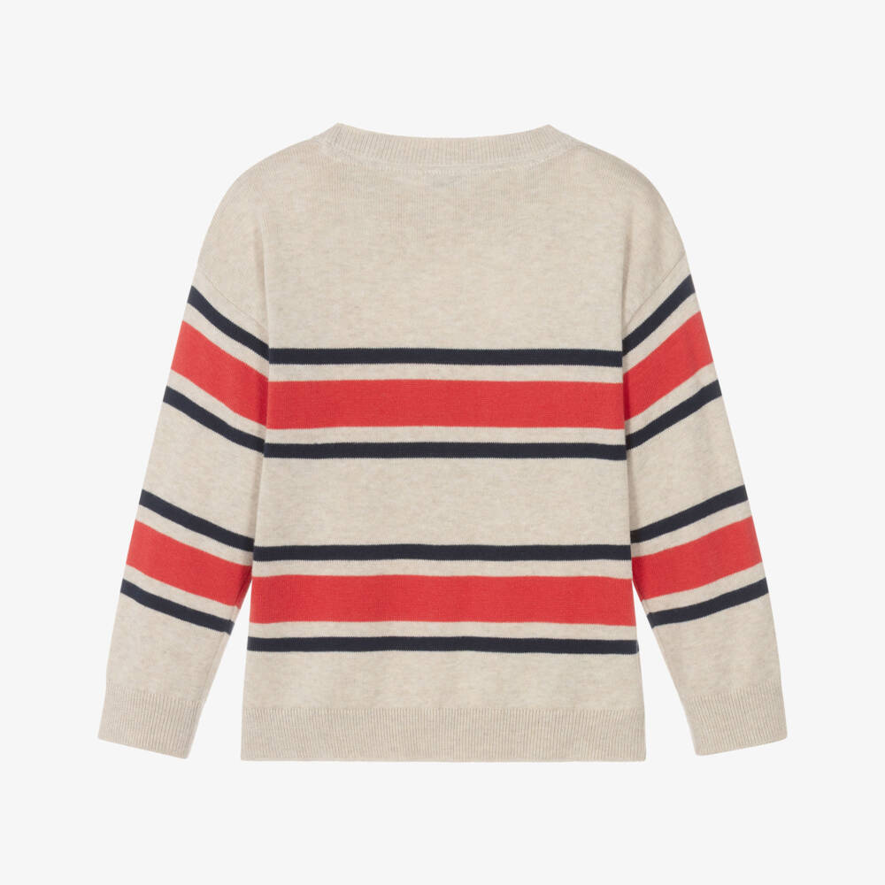 Mayoral-Boys Beige Cotton Knit Jumper with Red & Blue Stripes | Childrensalon