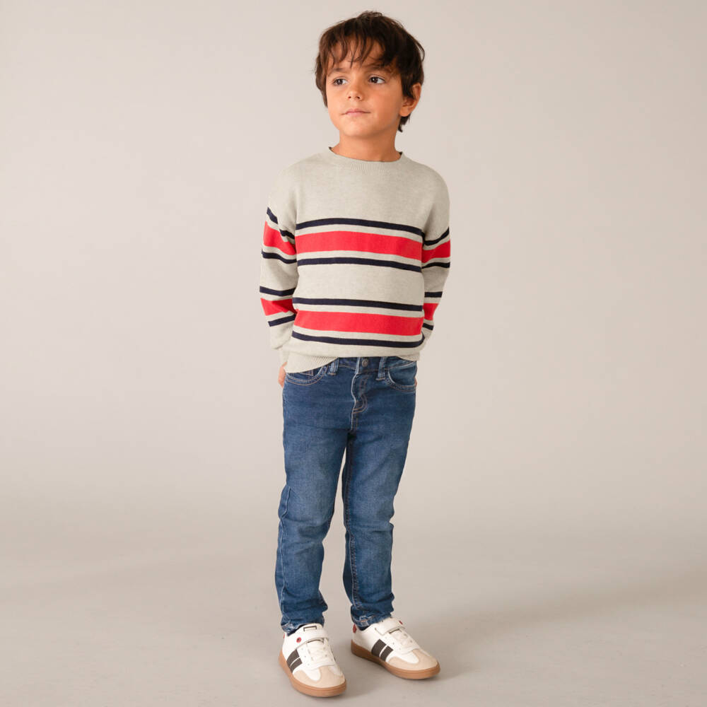 Mayoral-Boys Beige Cotton Knit Jumper with Red & Blue Stripes | Childrensalon