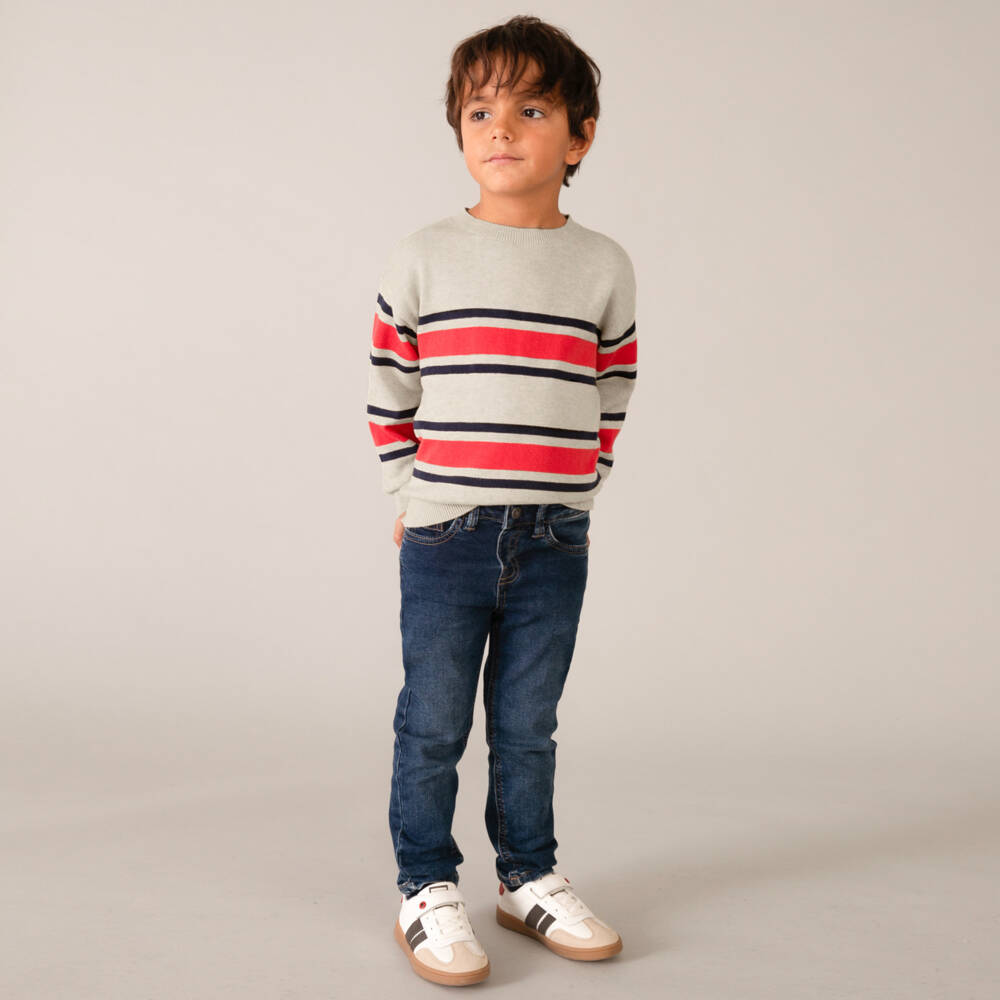 Mayoral-Boys Beige Cotton Knit Jumper with Red & Blue Stripes | Childrensalon