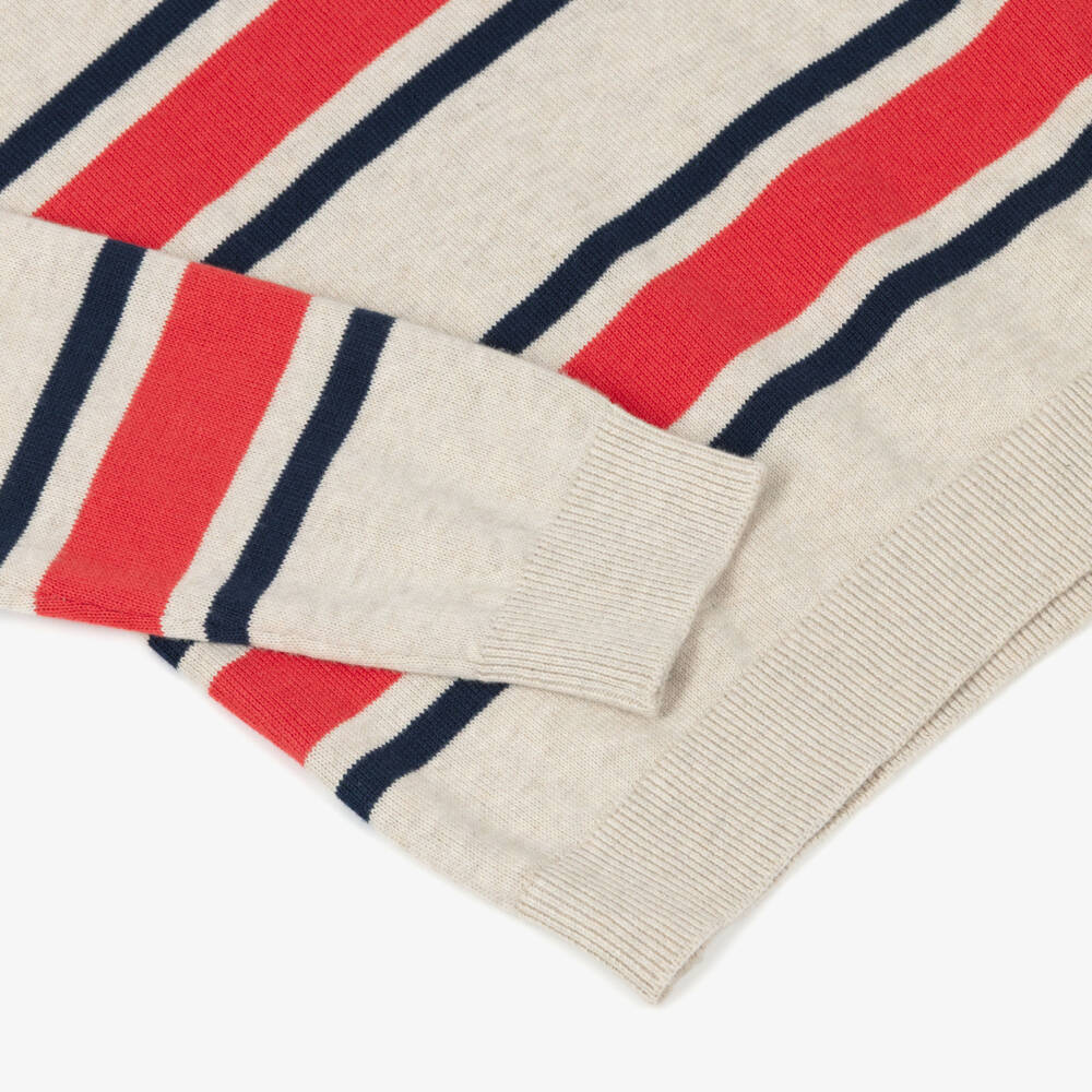 Mayoral-Boys Beige Cotton Knit Jumper with Red & Blue Stripes | Childrensalon
