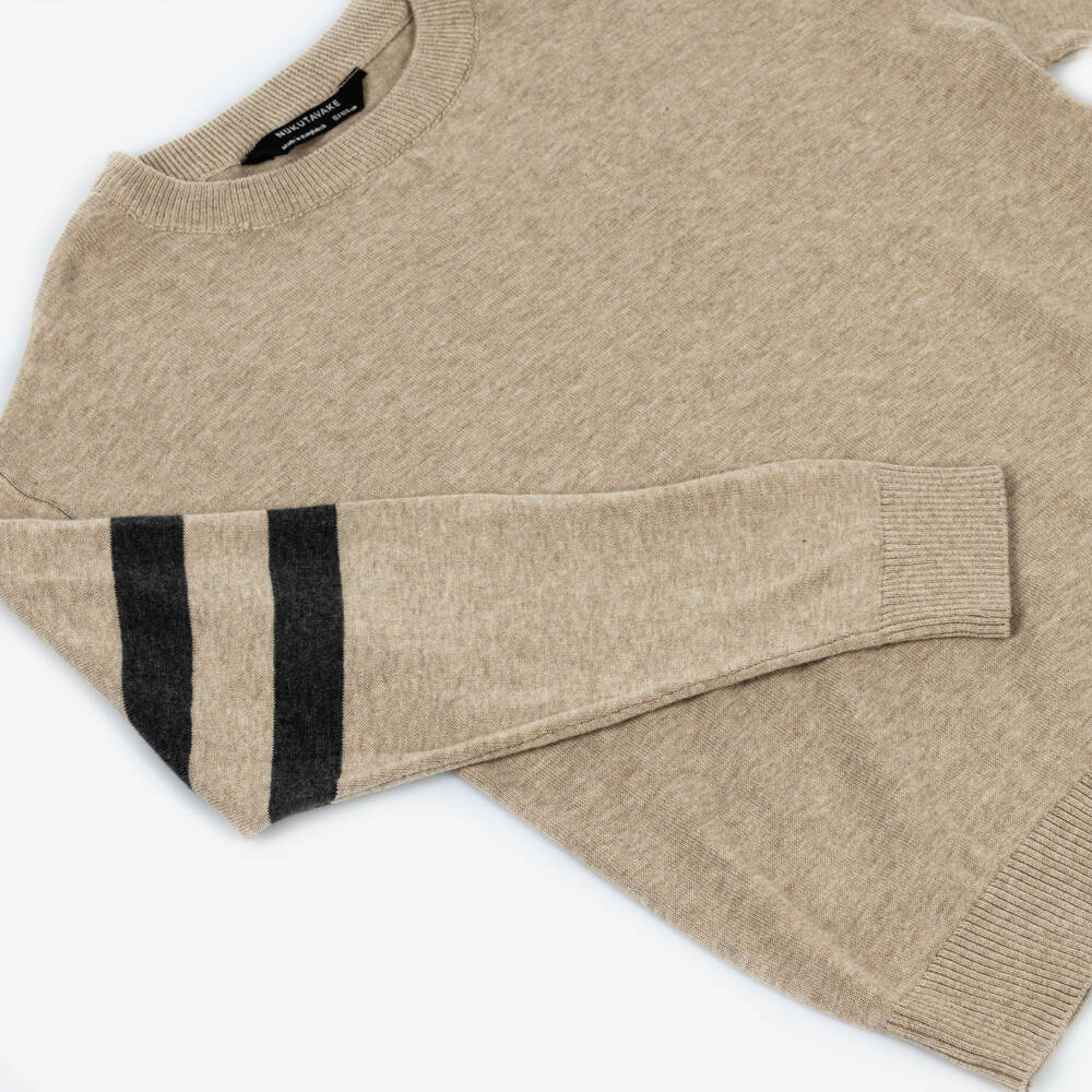 Mayoral Нукутаваке-Boys Beige Cotton Knit Sweater with Striped Sleeves | Childrensalon