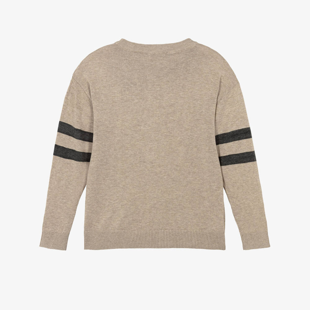 Mayoral Нукутаваке-Boys Beige Cotton Knit Sweater with Striped Sleeves | Childrensalon