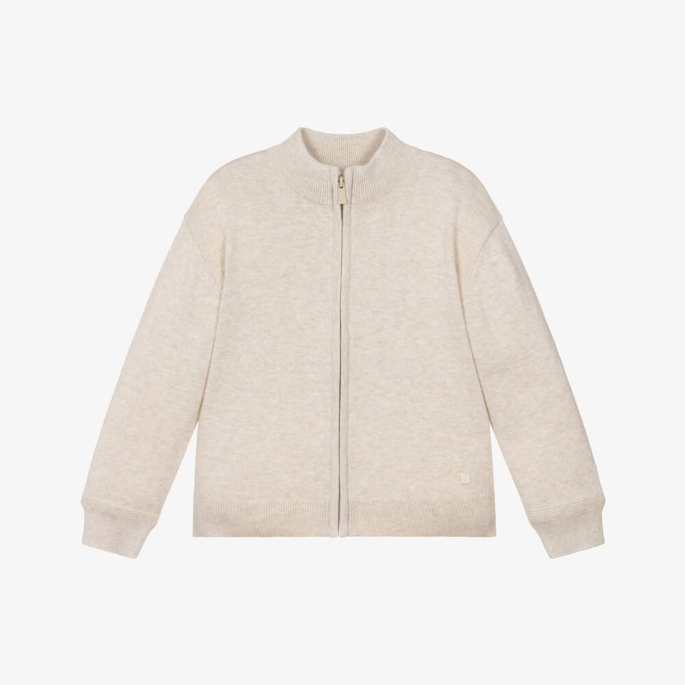Mayoral-Boys Beige Cotton Knit Zip Up Cardigan | Childrensalon