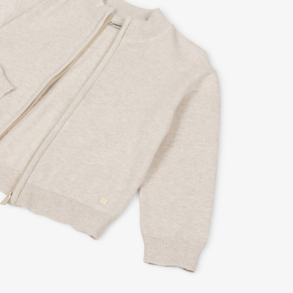 Mayoral-Boys Beige Cotton Knit Zip Up Cardigan | Childrensalon