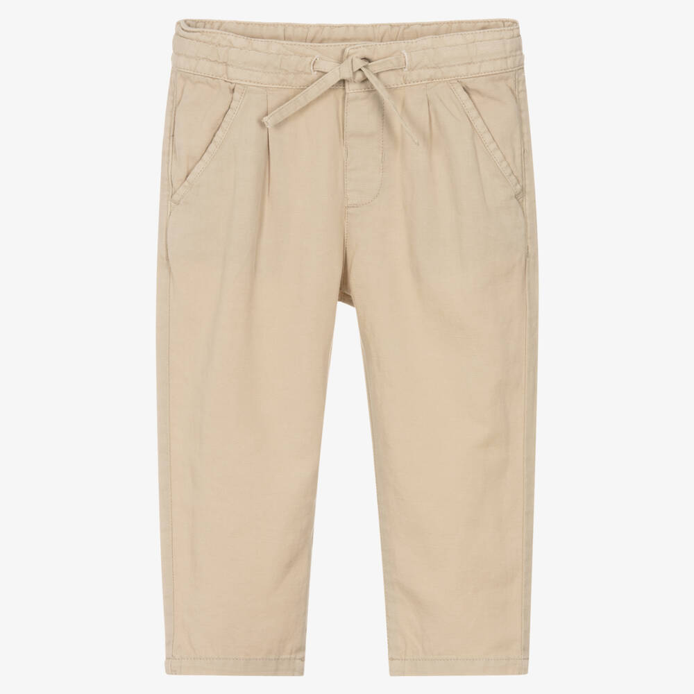 Mayoral-Boys Beige Cotton & Linen Drawstring Trousers | Childrensalon