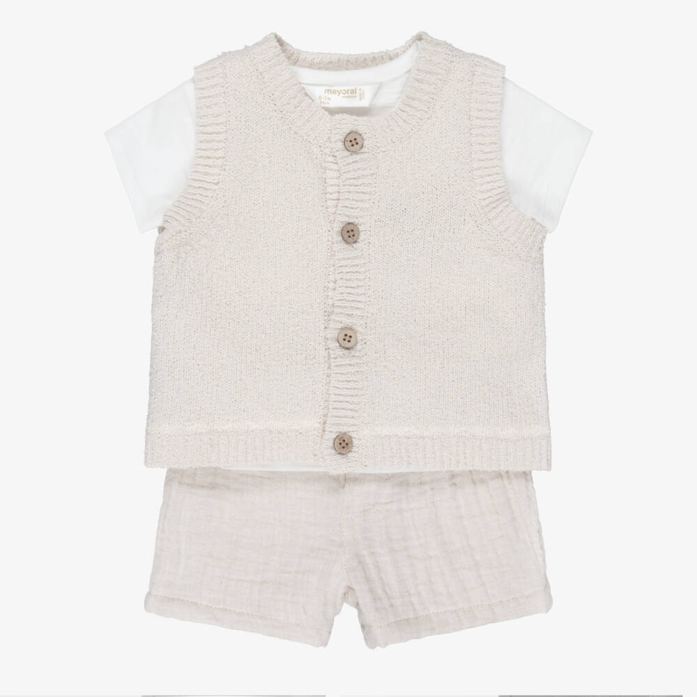 Mayoral Для новорожденных-Boys Beige Cotton Muslin & Knit Shorts Set | Childrensalon