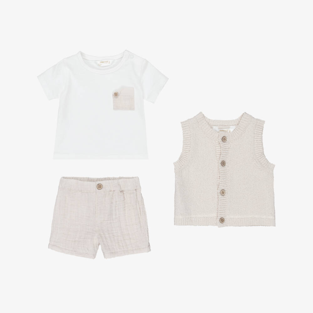 Mayoral Для новорожденных-Boys Beige Cotton Muslin & Knit Shorts Set | Childrensalon