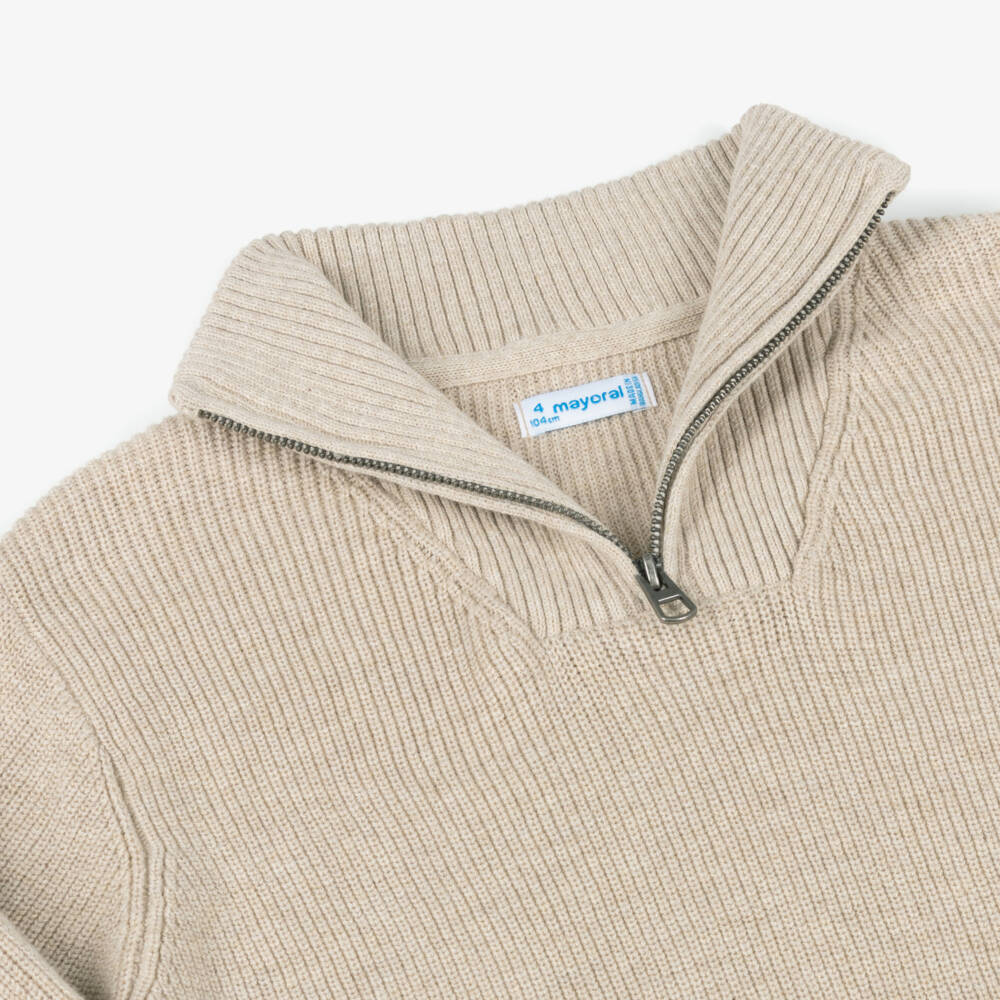 Mayoral-Свитер бежевый хлопковый с полумолнией для мальчиков | Childrensalon