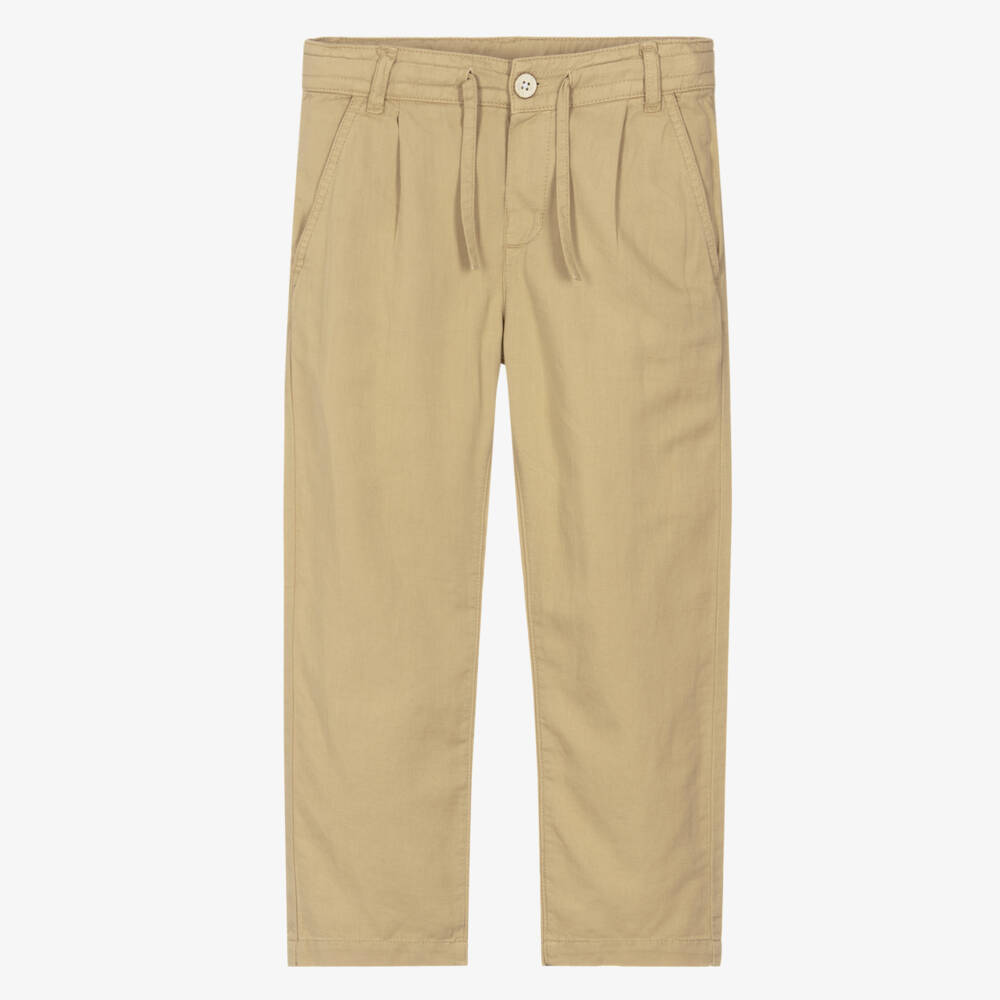 Mayoral-Boys Beige Cotton Relaxed Drawstring Chino Trousers | Childrensalon