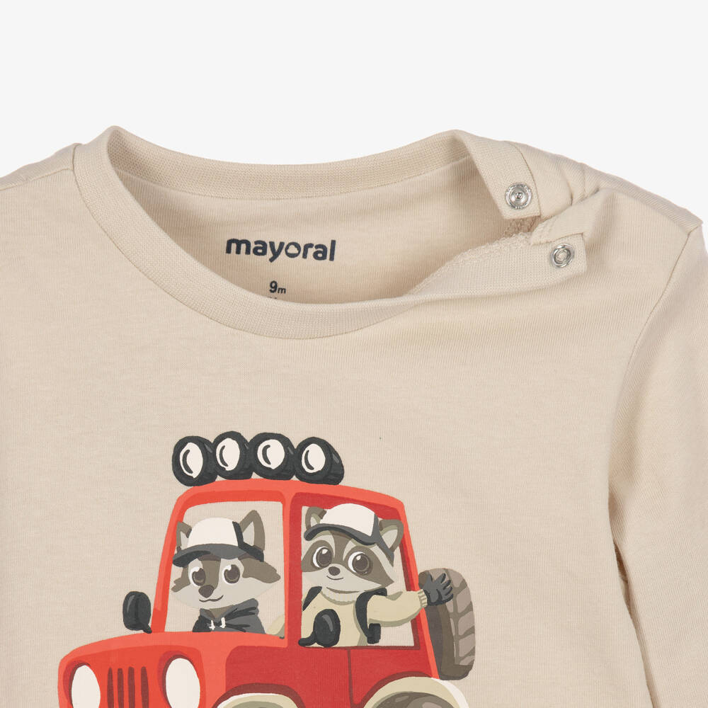 Mayoral-Boys Beige Cotton Top with Racoon Graphic | Childrensalon