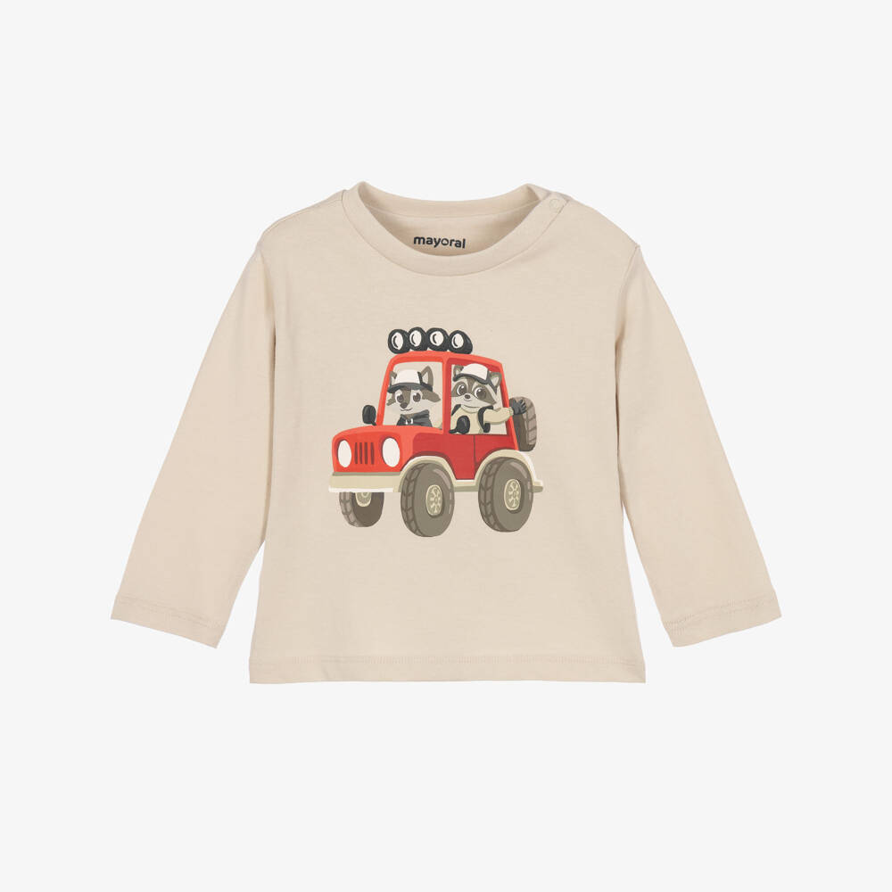 Mayoral-Boys Beige Cotton Top with Racoon Graphic | Childrensalon