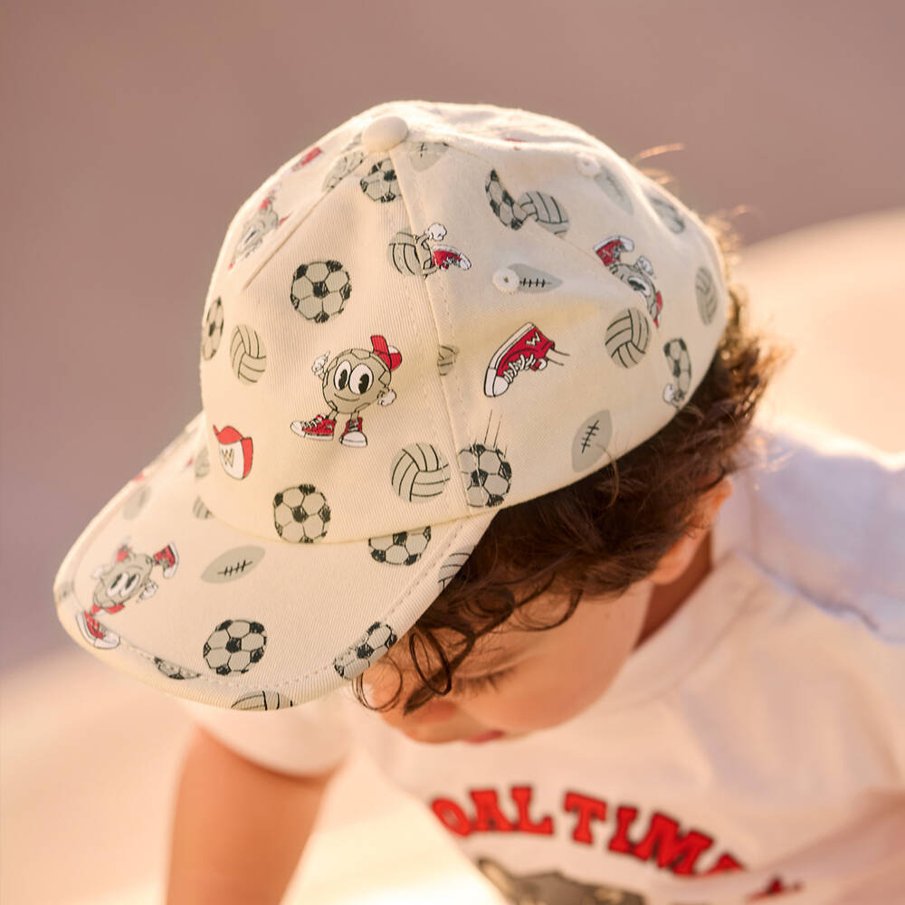Mayoral-Boys Beige Cotton Twill Cap with Sporty Graphics | Childrensalon