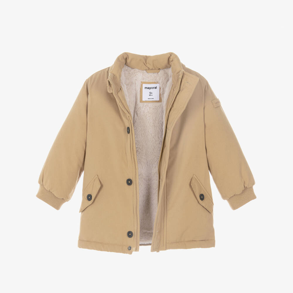 Mayoral-Boys Beige Faux Fur Lined Parka Coat | Childrensalon