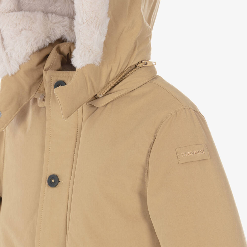 Mayoral-Boys Beige Faux Fur Lined Parka Coat | Childrensalon