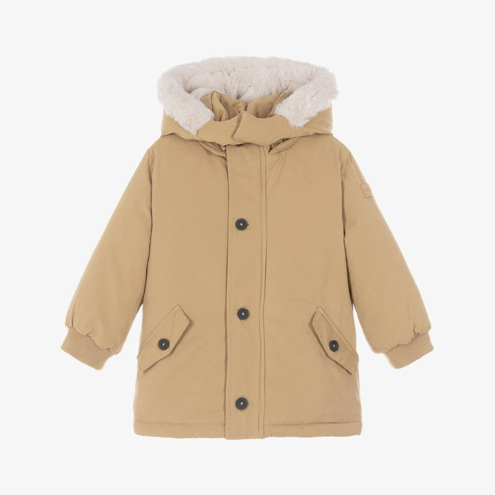 Mayoral-Boys Beige Faux Fur Lined Parka Coat | Childrensalon