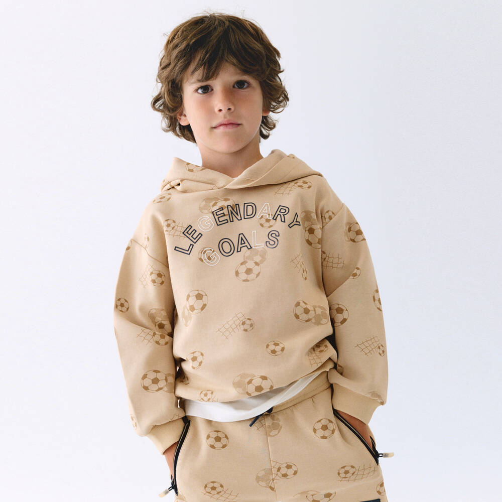 Mayoral-Шорты бежевые с футбольным принтом из трикотажа на шнурке для мальчиков | Childrensalon