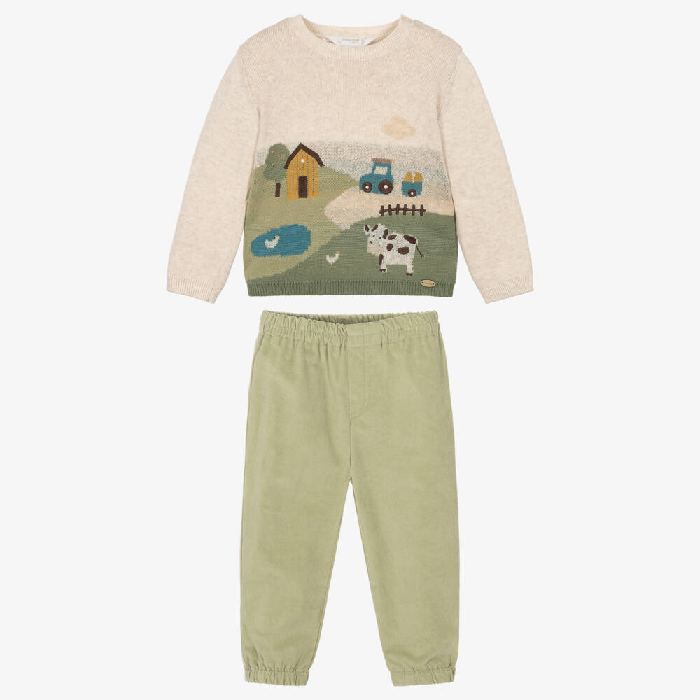 Mayoral Newborn-Boys Beige & Green Farmyard Trouser Set | Childrensalon