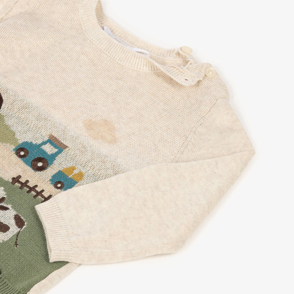 Mayoral Newborn-Boys Beige & Green Farmyard Trouser Set | Childrensalon