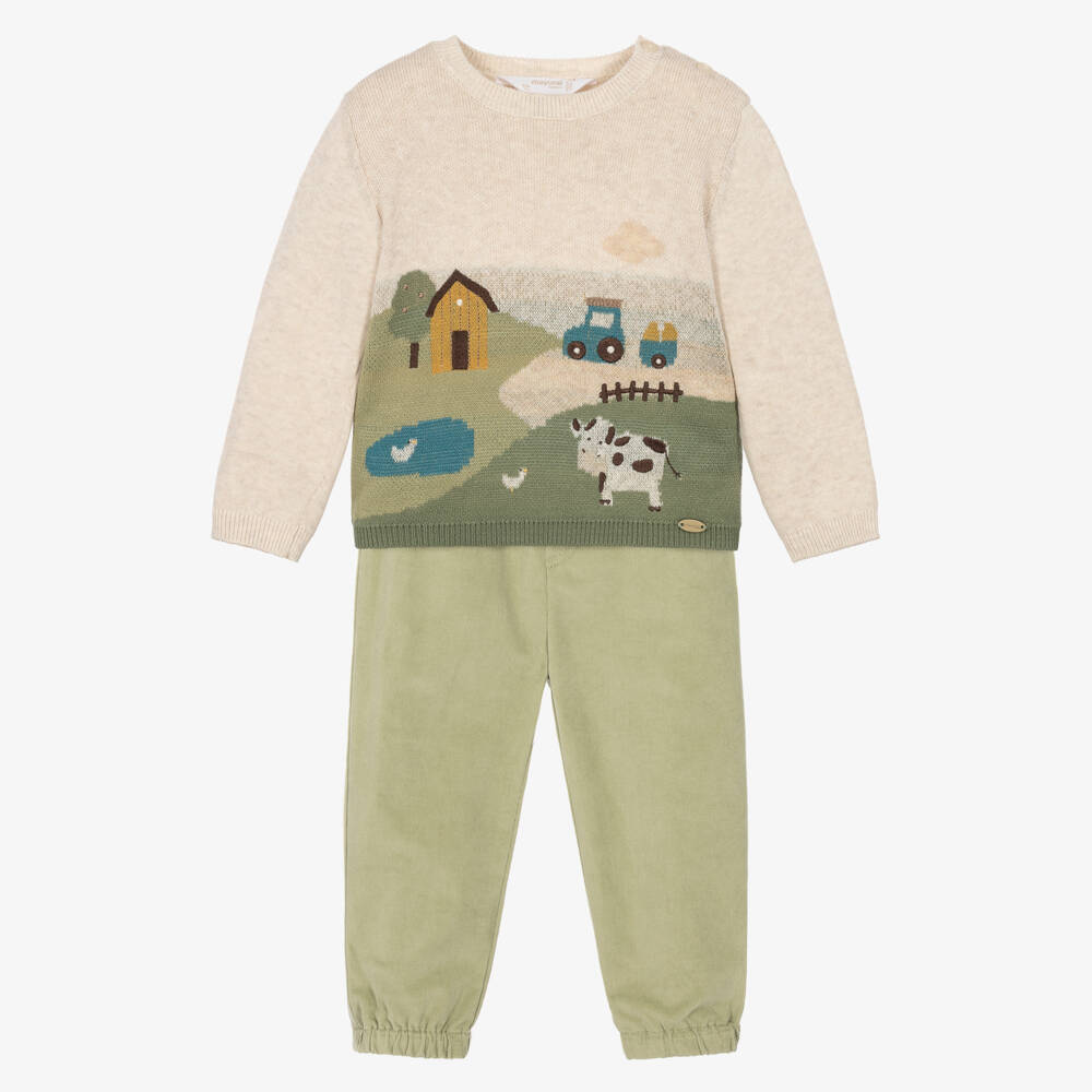Mayoral Newborn-Boys Beige & Green Farmyard Trouser Set | Childrensalon