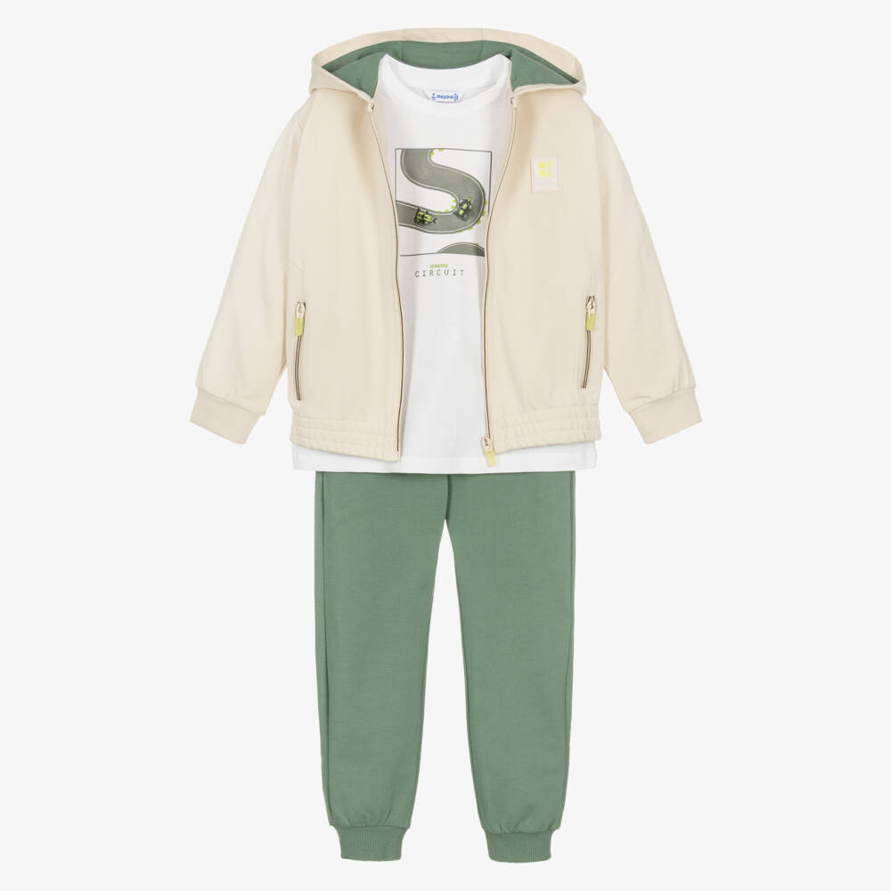 Mayoral-Boys Beige & Green Racing Car Tracksuit Set | Childrensalon