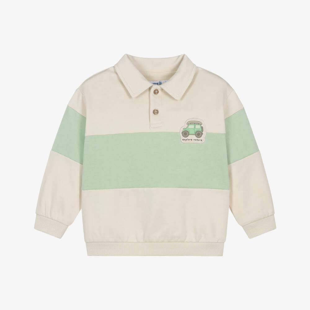 Mayoral-Boys Beige & Green Striped Collared Sweatshirt | Childrensalon