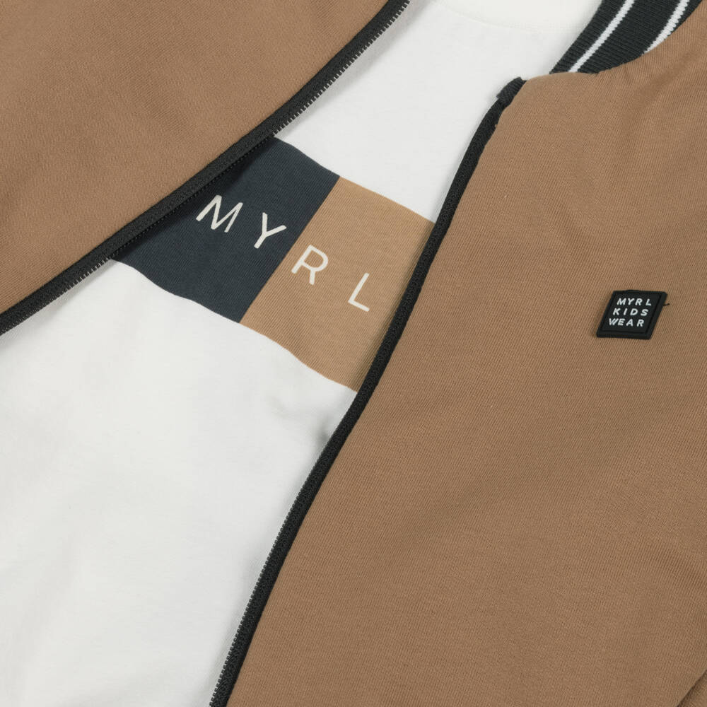 Mayoral-Boys Beige & Grey 3 Piece Cotton Tracksuit | Childrensalon