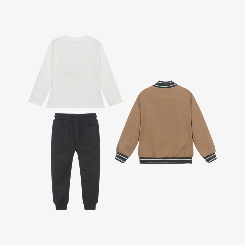 Mayoral-Boys Beige & Grey 3 Piece Cotton Tracksuit | Childrensalon